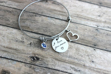 Load image into Gallery viewer, I love you more, stainless steel bangle bracelet with Swarovski Crystal Birthstone, open heart charm, Valentine&#39;s Day gift for her
