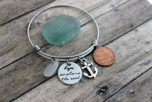 Load image into Gallery viewer, hope anchors the soul, stainless steel adjustable beach bangle bracelet, silver pewter anchor charm, genuine sea glass  in choice of color

