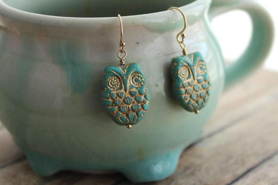 Aqua and Gold Czech Glass Owl earrings, Woodland Earrings, Turquoise Blue green and golden patina, Feathered, gift for her gold earrings