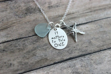 Load image into Gallery viewer, it matters to this one, The starfish story, Sterling silver charm necklace, with  genuine sea glass, Hand stamped quote, Teacher Gift Idea
