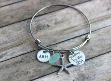 Load image into Gallery viewer, you &amp; me by the sea, stainless steel bangle bracelet with two initials, genuine sea glass and starfish charm, gift for wife, couple jewelry
