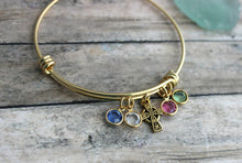 Load image into Gallery viewer, Gold Celtic Irish cross bracelet, gold plated stainless steel bangle bracelet with Swarovski crystal birthstones, Choose qty of birthstones
