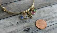 Load image into Gallery viewer, Gold Celtic Irish cross bracelet, gold plated stainless steel bangle bracelet with Swarovski crystal birthstones, Choose qty of birthstones
