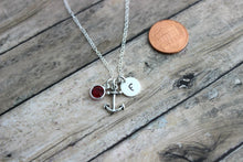 Load image into Gallery viewer, Personalized Sterling Silver Anchor Charm Necklace, Initial letter disc, and Swarovski Crystal Birthstone, Customized Beach Jewelry
