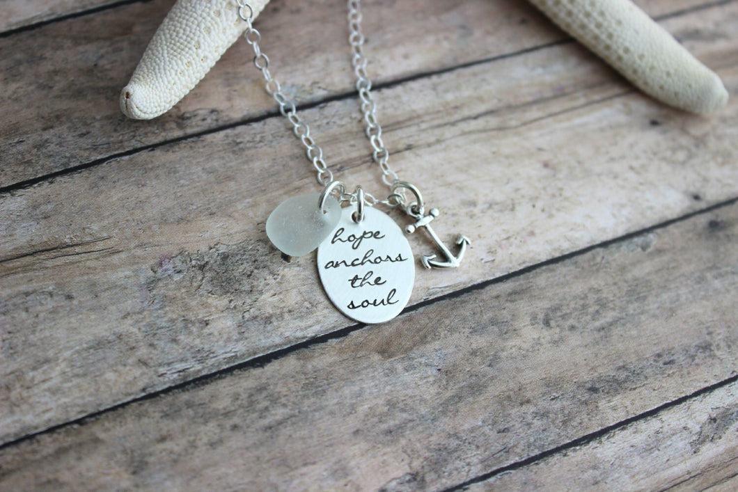 hope anchors the soul, all sterling silver, anchor charm, genuine sea glass, Hand stamped quote, Inspirational Jewelry, Hebrews 6:19