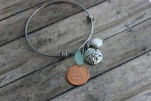 Load image into Gallery viewer, Sand dollar bracelet - silver stainless steel adjustable beach bangle - Choice of beach charm, genuine sea glass - freshwater coin pearl
