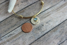 Load image into Gallery viewer, Gold plated stainless steel bracelet, Children&#39;s names Hand stamped NuGold discs, Swarovski crystal birthstones and wire bangle bracelet
