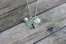 Load image into Gallery viewer, Mermaid Necklace, Sterling Silver with genuine Sea Glass, Personalized Initial Charm Necklace, Swarovski Crystal Pearl  Beach Jewelry

