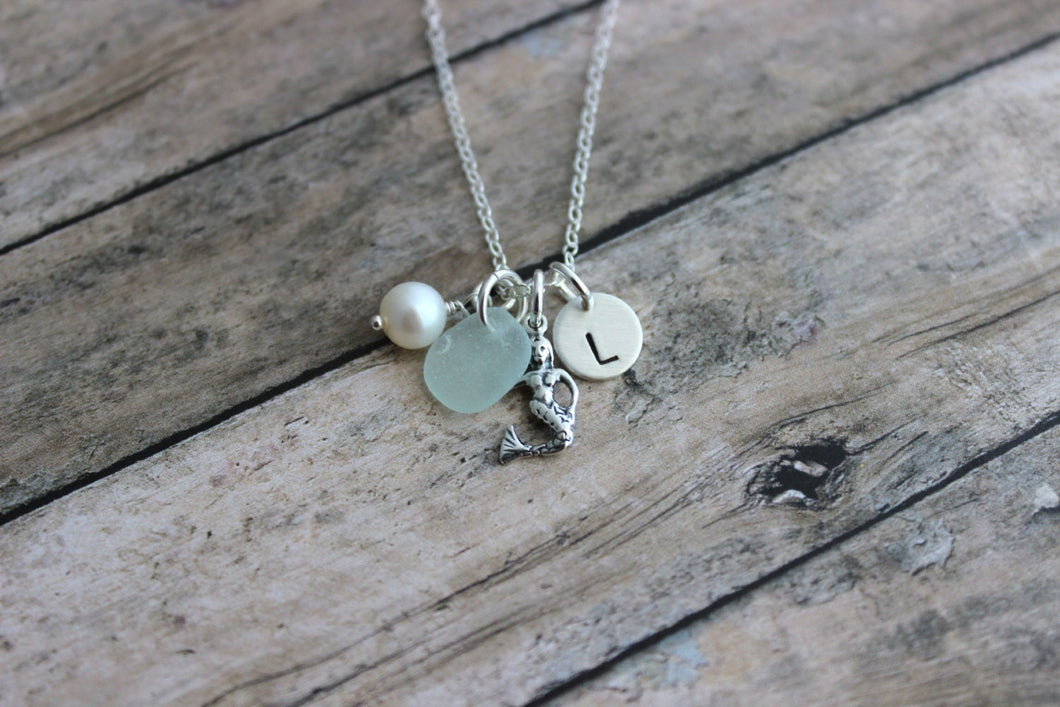 Mermaid Necklace, Sterling Silver with genuine Sea Glass, Personalized Initial Charm Necklace, Swarovski Crystal Pearl  Beach Jewelry