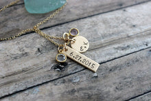 Load image into Gallery viewer, Date &amp; Initials Necklace - Bronze Skinny Rectangle Bar Circle Disc Crystal Birthstone - 14k gold filled chain Names or date - Customized
