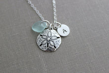 Load image into Gallery viewer, Personalized Charm Necklace with Large Sterling Silver Sand Dollar Genuine Sea Glass and Initial Charm Made to Order - Gift for birthday

