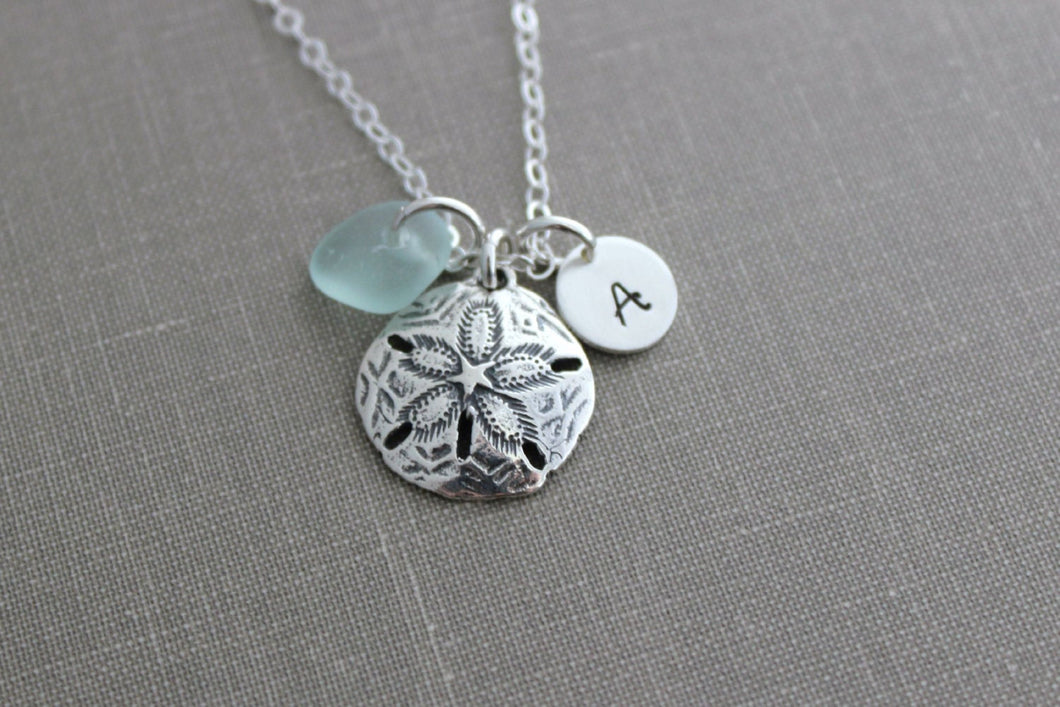 Personalized Charm Necklace with Large Sterling Silver Sand Dollar Genuine Sea Glass and Initial Charm Made to Order - Gift for birthday