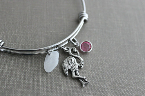 Flamingo bracelet - stainless steel adjustable wire bangle bracelet - genuine sea glass and Swarovski crystal birthstone - Flamingo Lover