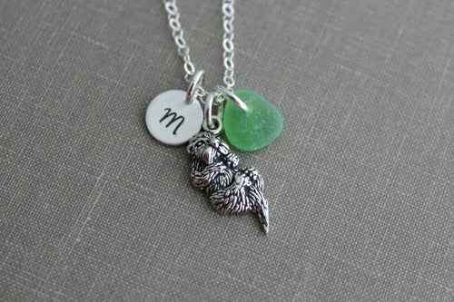 Sea Otter Charm Necklace - Sterling Silver with genuine Sea Glass and Personalized custom initial charm, made to order, Gift for beach lover