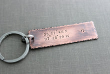 Load image into Gallery viewer, Coordinates Keychain - Custom Copper Hand Stamped Latitude and Longitude GPS Coordinate Key Chain - Rustic - Antiqued - Gift for Him
