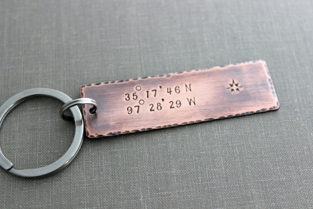 Coordinates Keychain - Custom Copper Hand Stamped Latitude and Longitude GPS Coordinate Key Chain - Rustic - Antiqued - Gift for Him