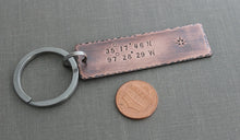 Load image into Gallery viewer, Coordinates Keychain - Custom Copper Hand Stamped Latitude and Longitude GPS Coordinate Key Chain - Rustic - Antiqued - Gift for Him
