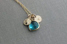 Load image into Gallery viewer, Gold Sand Dollar and Teal Green Bezel Set Glass Briolette with Gold Filled Initial Necklace, Personalized, Sea Green, Turquoise
