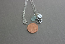 Load image into Gallery viewer, Sterling Silver anchor with rope charm necklace with genuine Seafoam Seaglass and mini  Initial Charm, Personalized beach jewelry Custom
