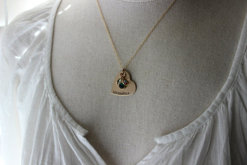 Hand Stamped Bronze Heart and 14k Gold filled chain Grandma Necklace, Personalized with Swarovski Crystal Birthstones, Grandmother Granny