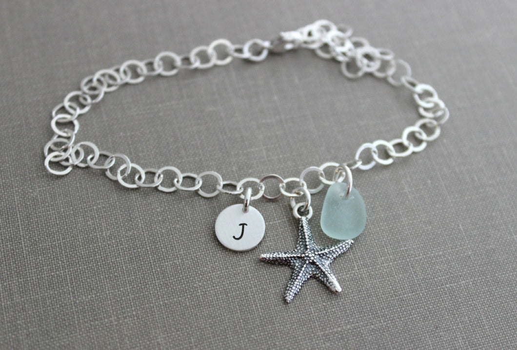 Sterling Silver Starfish and Sea Glass Charm Bracelet Personalized with Hand Stamped Initial Charm, Large Link Sterling Chain, sea star