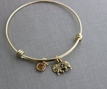 Load image into Gallery viewer, gold plated stainless steel adjustable lucky bangle bracelet with gold or silver elephant charm - Swarovski crystal birthstone, Gita charm
