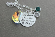 Load image into Gallery viewer, I love you to the moon &amp; back, Sterling Silver Disc Necklace, Hand Stamped with AB Swarovski Crystal Moon, Charm Necklace, Birthstones
