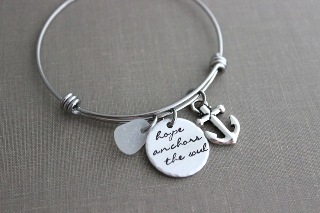 hope anchors the soul, stainless steel adjustable beach bangle bracelet, silver pewter anchor charm, genuine sea glass  in choice of color
