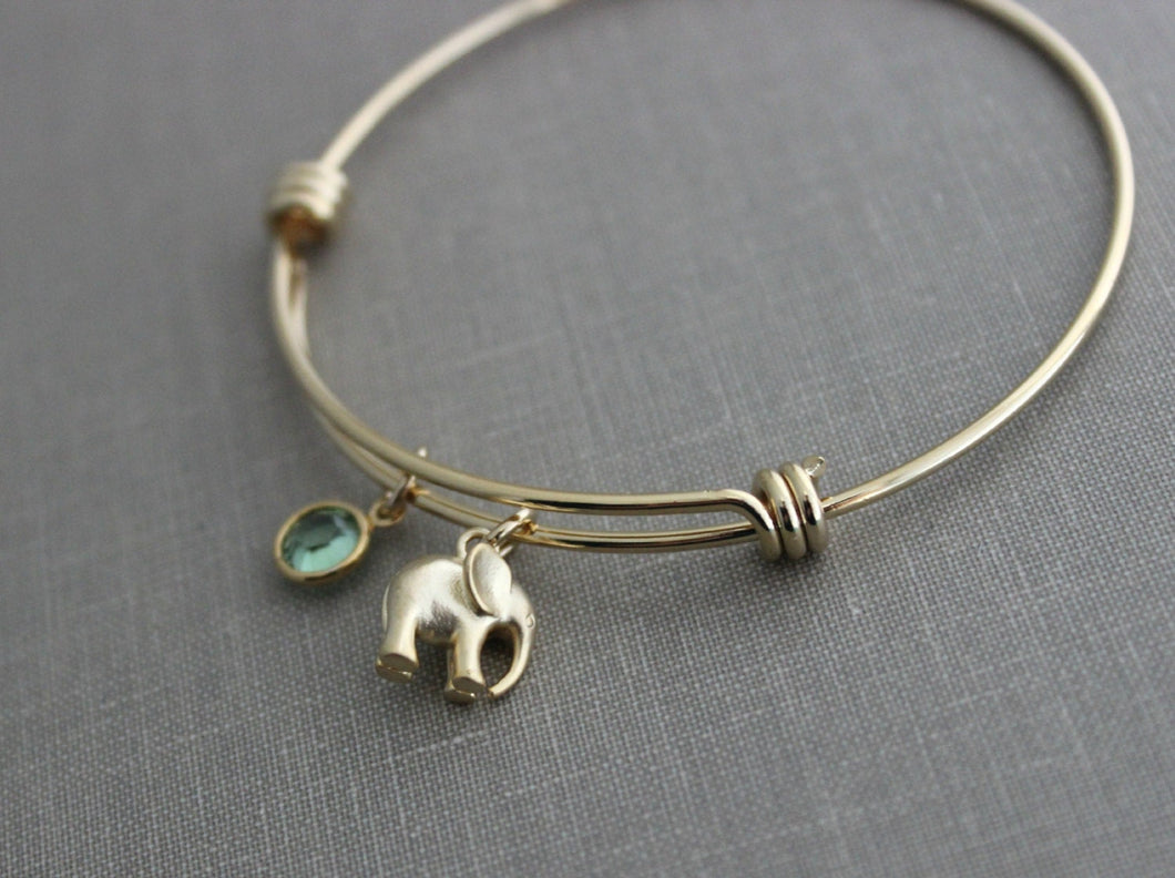 Lucky Gold elephant bracelet, gold plated adjustable bangle bracelet with elephant charm, Swarovski crystal birthstone, Outdoor girl jewelry