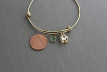 Load image into Gallery viewer, Lucky Gold elephant bracelet, gold plated adjustable bangle bracelet with elephant charm, Swarovski crystal birthstone, Outdoor girl jewelry
