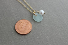 Load image into Gallery viewer, Genuine sea glass necklace with Swarovski crystal pearl and 14k Gold Filled chain,Beach Glass necklace, Simple summer jewelry
