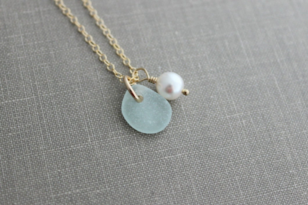 Genuine sea glass necklace with Swarovski crystal pearl and 14k Gold Filled chain,Beach Glass necklace, Simple summer jewelry