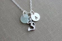 Load image into Gallery viewer, Sterling Silver Mermaid Necklace with genuine Sea glass and Personalized Initial charm disc, Beach Jewelry, Eco Friendly Fashion
