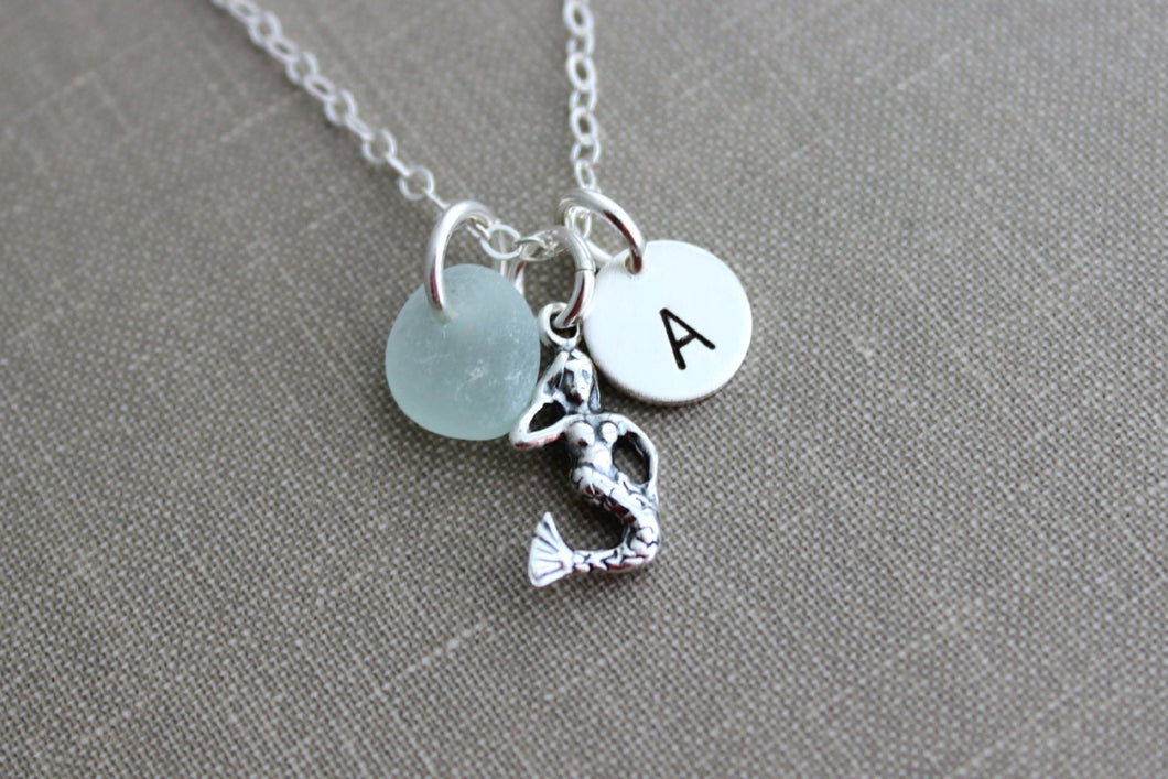 Sterling Silver Mermaid Necklace with genuine Sea glass and Personalized Initial charm disc, Beach Jewelry, Eco Friendly Fashion