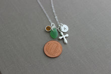 Load image into Gallery viewer, Sterling silver Personalized Puffy Cross Charm Necklace with Genuine Sea Glass and Mini Initial Charm, Swarovski Crystal Birthstone - Custom
