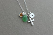Load image into Gallery viewer, Sterling silver Personalized Puffy Cross Charm Necklace with Genuine Sea Glass and Mini Initial Charm, Swarovski Crystal Birthstone - Custom
