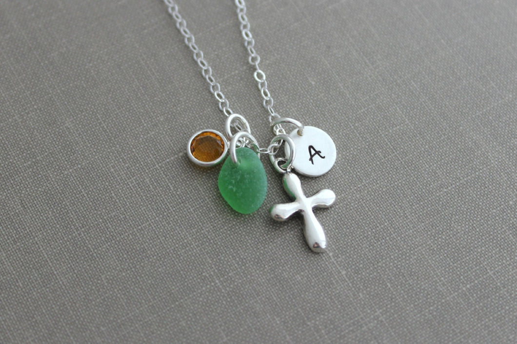 Sterling silver Personalized Puffy Cross Charm Necklace with Genuine Sea Glass and Mini Initial Charm, Swarovski Crystal Birthstone - Custom