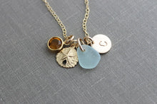 Load image into Gallery viewer, 14k Gold filled Sand dollar Charm Necklace - genuine Sea Glass &amp; Initial Charm - Wedding Bridesmaid Gift  Swarovski Birthstone, gift for her
