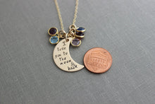 Load image into Gallery viewer, I love you to the moon &amp; back Bronze Crescent Moon Necklace - personalized Swarovski Crystal Birthstones - Christmas Gift for mom
