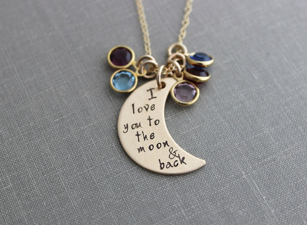 I love you to the moon & back Bronze Crescent Moon Necklace - personalized Swarovski Crystal Birthstones - Christmas Gift for mom