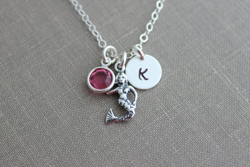 Sterling Silver Mermaid Charm Necklace, Personalized Initial letter disc, and Swarovski Crystal Birthstone, Customized Beach Jewelry