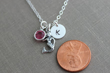 Load image into Gallery viewer, Sterling Silver Mermaid Charm Necklace, Personalized Initial letter disc, and Swarovski Crystal Birthstone, Customized Beach Jewelry
