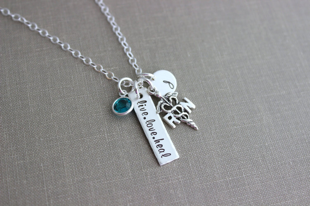 Sterling silver nurse necklace, live love heal, with birthstone, personalized with initial disc, LPN, RN or caduceus, Nurses week Gift idea
