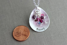 Load image into Gallery viewer, grandma or Mom teardrop Necklace, Sterling Silver Cupped with Swarovski Crystal Birthstone Charms, Grandma, Nana, Momma, Personalized plate
