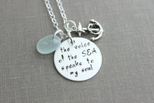 Load image into Gallery viewer, the voice of the sea speaks to my soul, inspirational quote necklace, hand stamped sterling silver anchor jewelry, genuine sea glass, beach
