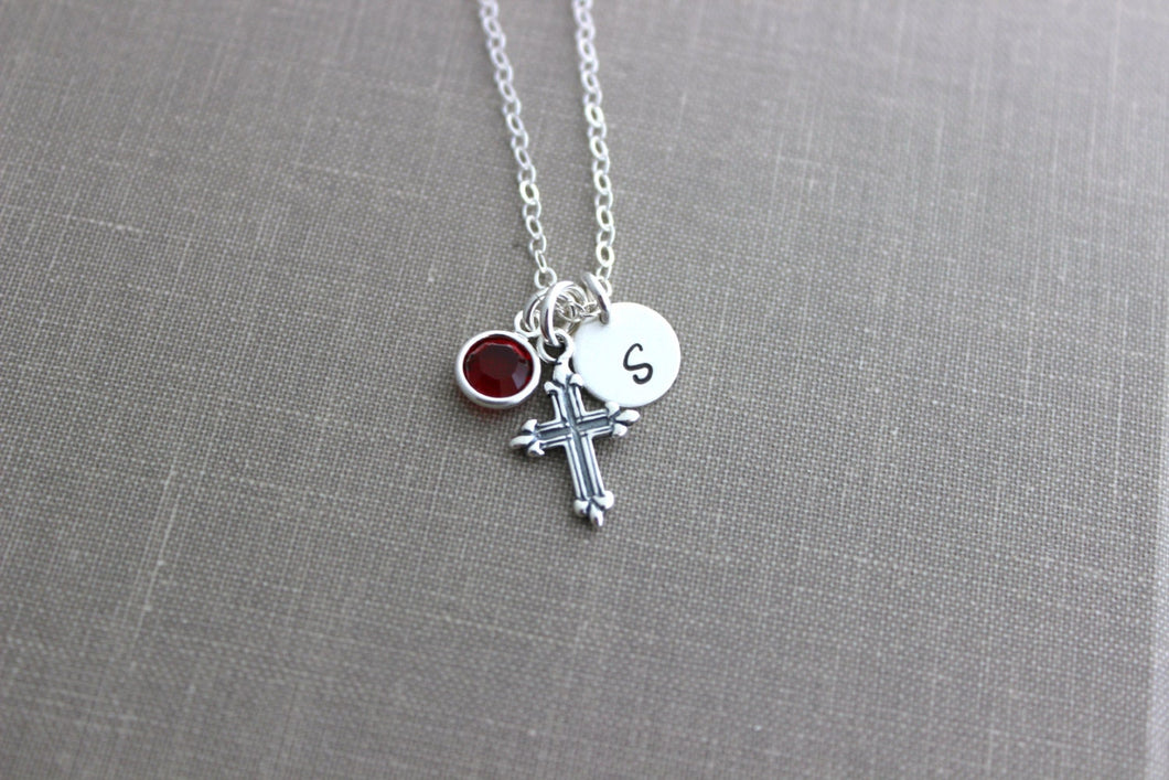 Sterling Silver Cross Necklace with Swarovski Crystal Birthstone and Round Initial Charm, Hand Stamped, Customized Confirmation Gift idea