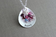 Load image into Gallery viewer, grandma or Mom teardrop Necklace, Sterling Silver Cupped with Swarovski Crystal Birthstone Charms, Grandma, Nana, Momma, Personalized plate
