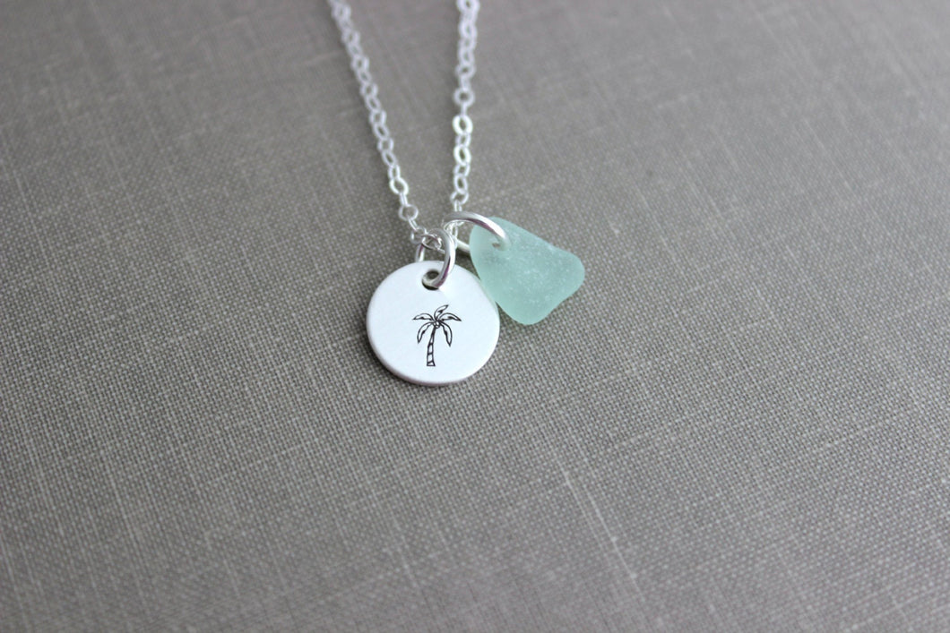 Sterling Silver Palm Tree Necklace with Coconuts, genuine Sea Glass Hand Stamped Sterling Disc, Tropical, Satin Finish Simple Beach Necklace