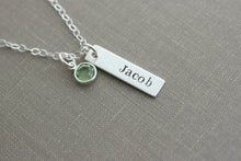 Load image into Gallery viewer, Sterling Silver Name Bar Necklace, Rectangle Charm, Swarovski Crystal Birthstone, Personalized, Nameplate, Mommy Jewelry
