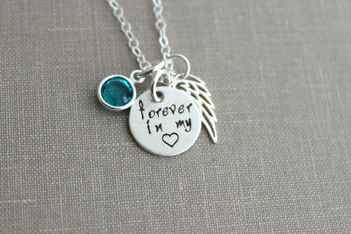 forever in my heart, Sterling silver angel wing necklace with Swarovski Crystal Birthstone, Memorial necklace, Loss Necklace